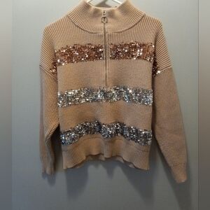 Womens Nine West Knit Sweater 1/2 Zip Beige Sequins Long Sleeve M